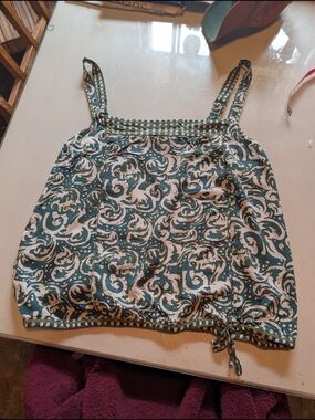 Anthropologie Teal and White Printed Drawstring Tank